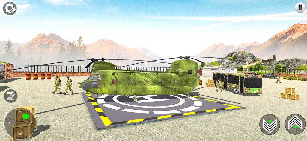 A military helicopter on a helipad with an army bus and soldiers in a mountainous base setting.