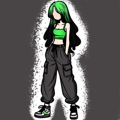 girl in baggy pants crop top and long hair