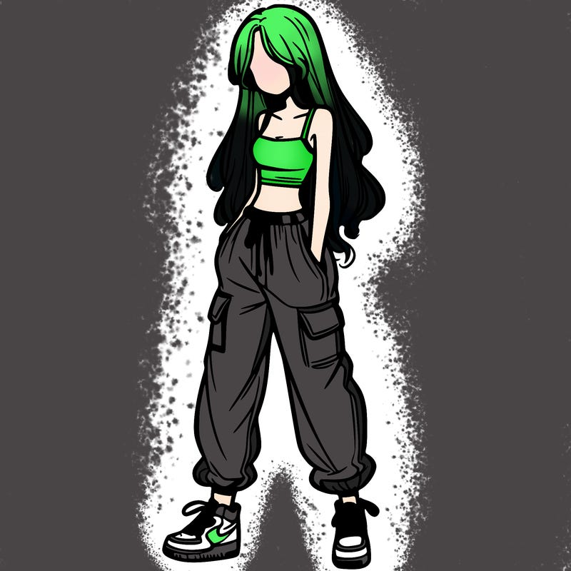 girl in baggy pants crop top and long hair