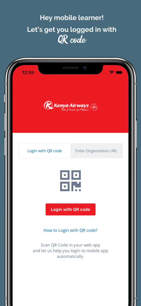 KQIlearn - Pantalla de inicio de sesión de la aplicación móvil KQIlearn con acceso por código QR para empleados de Kenya Airways