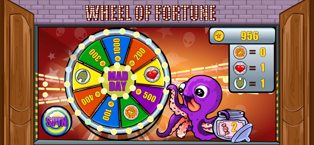 Mad Day - Truck Distance Game - Mad Day Truck Distance Game Wheel of Fortune rewards screen with Fluffy the octopus