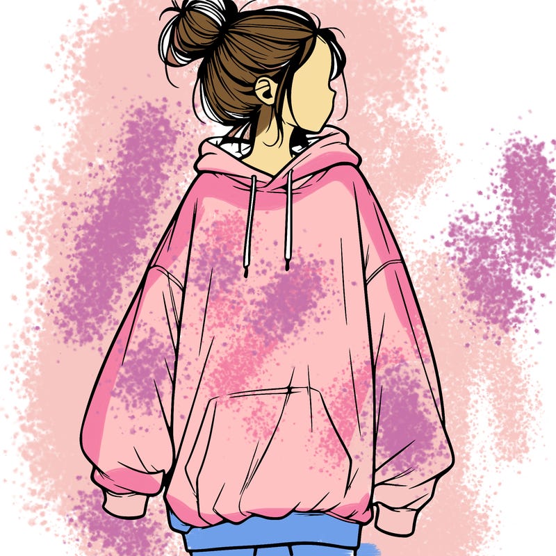 realistic girl with a oversized sweatshirt on and a bun
