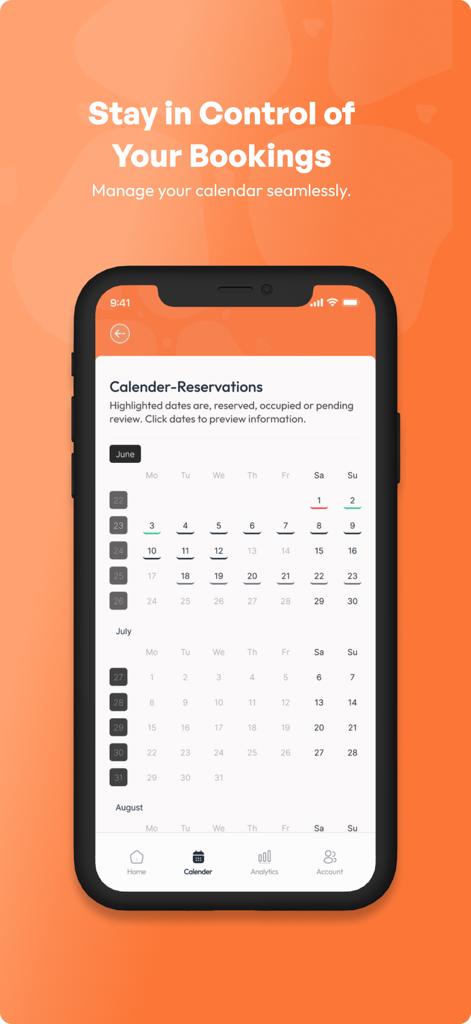 Traclet - Traclet app screen for hosts showing a monthly reservation calendar for managing short-term rentals.