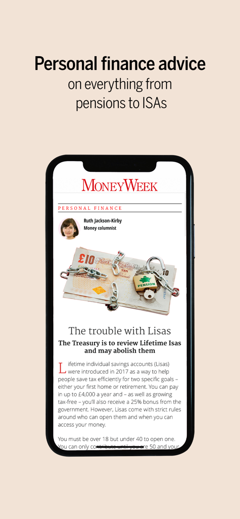 MoneyWeek app screen showing personal finance advice about pensions and ISAs