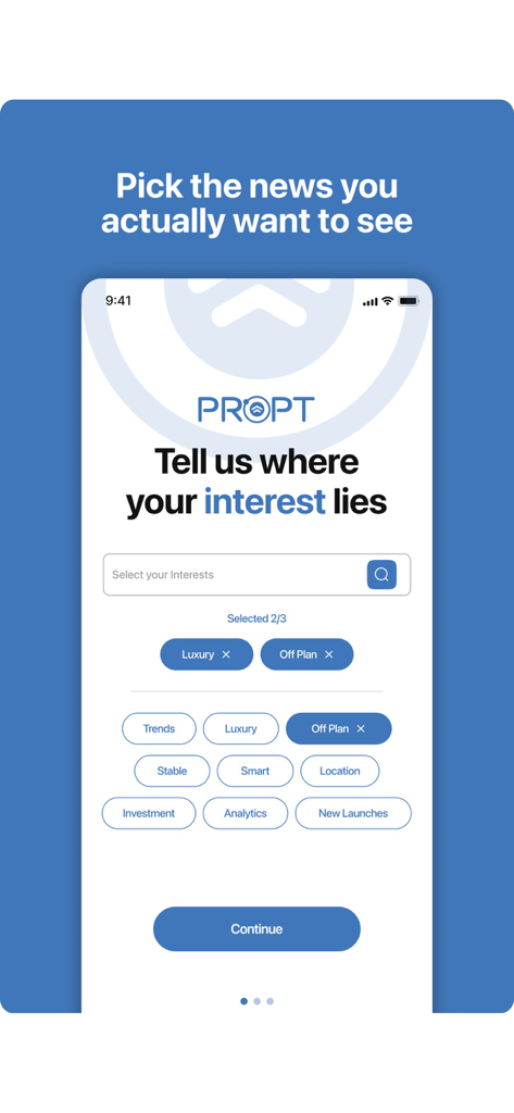 PROPT App-Oberfläche zur Auswahl von Immobiliennachrichten-Interessen wie Luxus und Investitionen