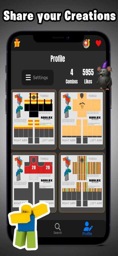 Templates Skins for Roblox - Profile page of a Roblox skin maker app showing custom clothing templates and likes.