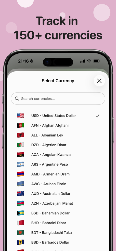 Finny: AI Money Tracker - Währungsauswahlbildschirm in der Finny-App mit einer Liste von über 150 globalen Währungen und ihren jeweiligen Flaggen.