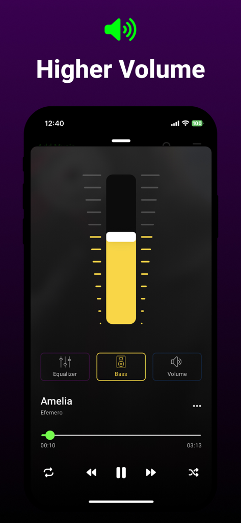 Interfaz de la aplicación Bass and Volume Boost mostrando un control deslizante de graves vertical y controles del reproductor de música