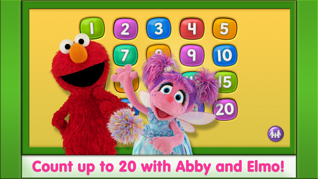 Elmo Loves 123s - Elmo and Abby Cadabby with a grid of colorful numbers from 1 to 20