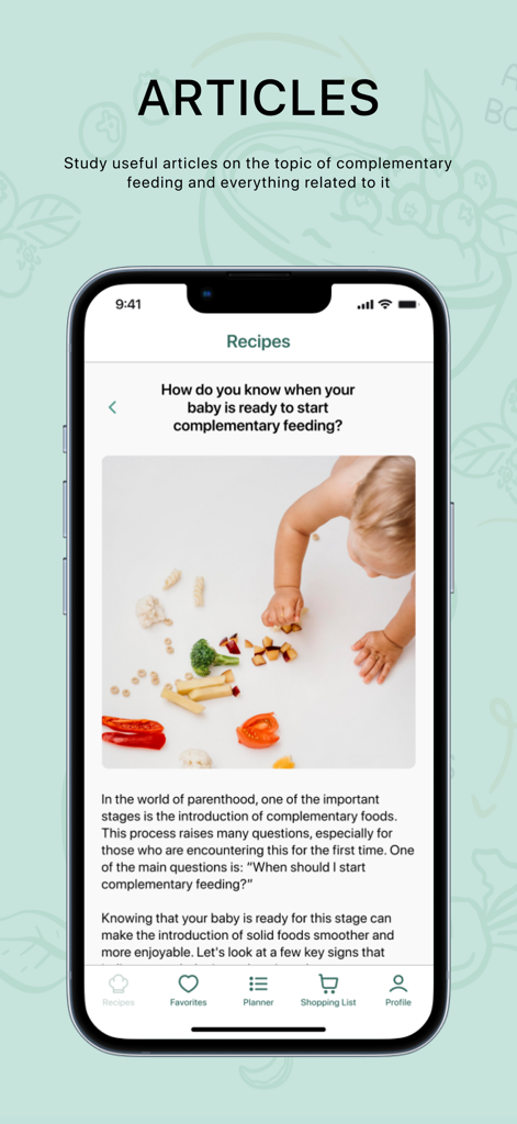 Baby Plates - Pantalla de un smartphone mostrando un artículo educativo sobre cuándo comenzar la alimentación complementaria dentro de la aplicación Baby Plates