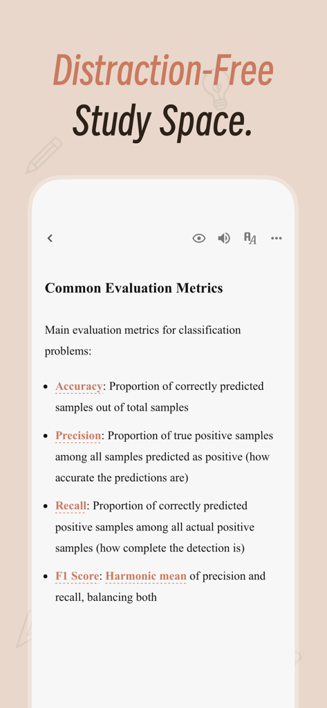 La interfaz de la aplicación Noolingo AI Flashcards muestra un modo de estudio limpio y sin distracciones con notas académicas sobre métricas de evaluación