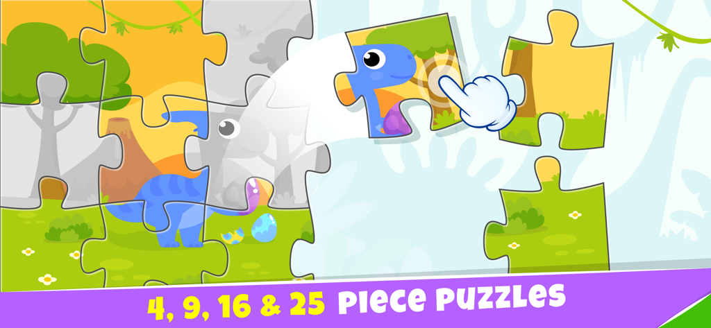 Preschool learning kids games - A child solving a colorful dinosaur jigsaw puzzle in a preschool learning app