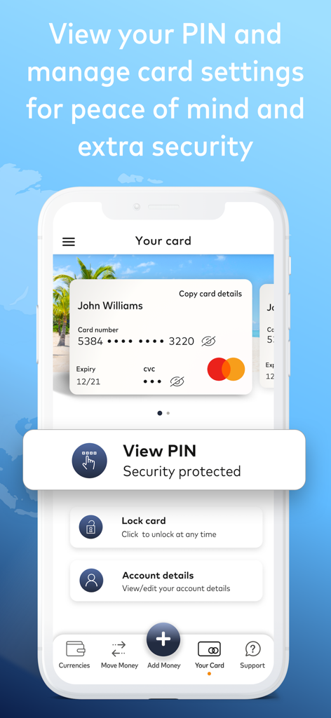 Cash Passport app screen showing card management options including view PIN and lock card for extra security