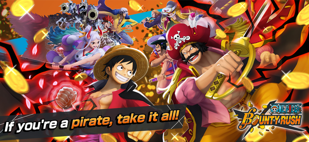 One Piece Bounty Rush promotional banner featuring Luffy and other pirate characters with falling gold coins
