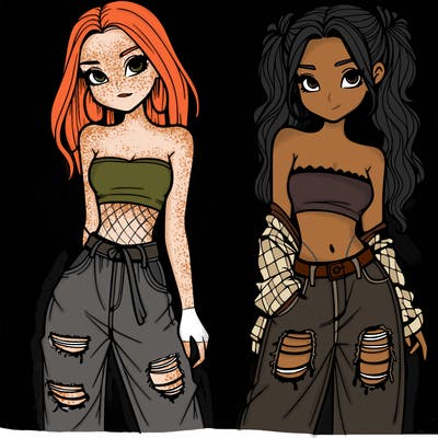 2 girls in crop tops and baggy jeans ripped