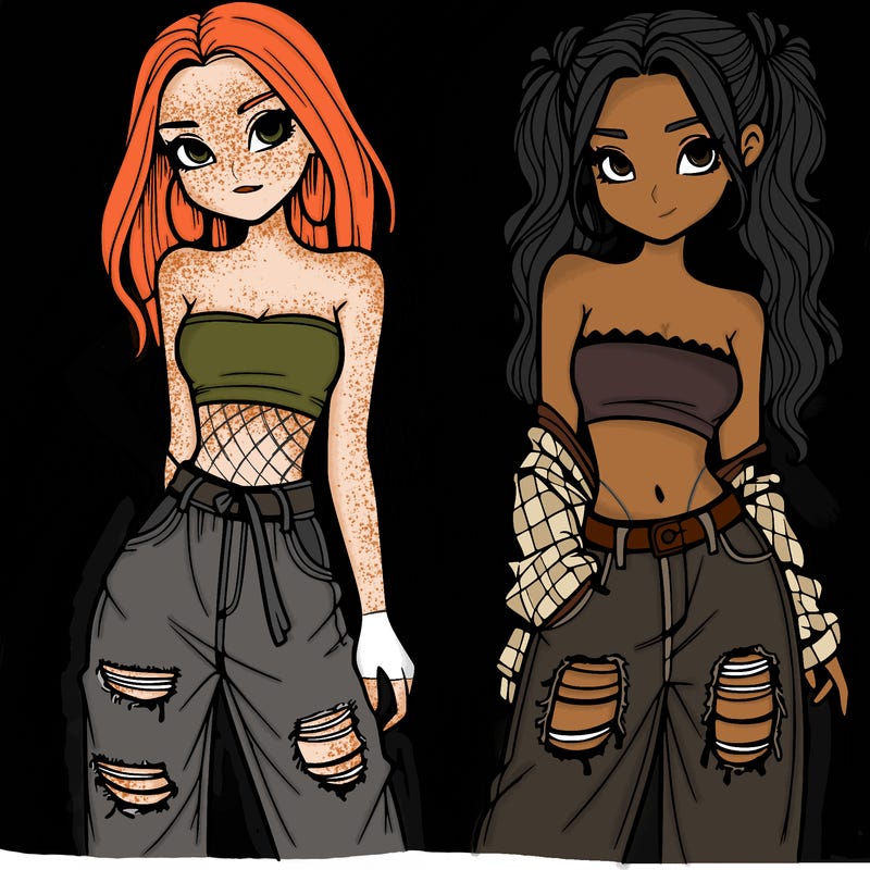 2 girls in crop tops and baggy jeans ripped