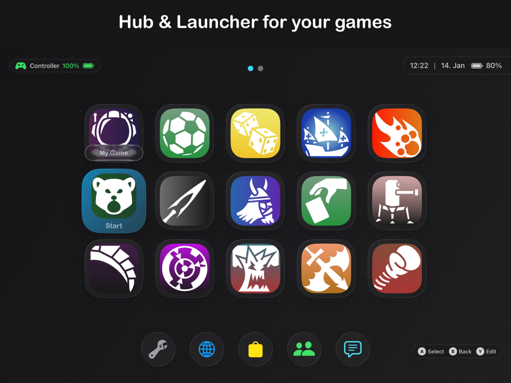 LudiHub - LudiHub game launcher interface showing a grid of icons with console like navigation and controller support on iPad