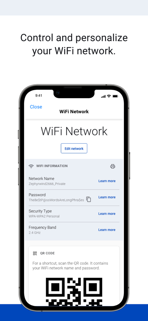 My CenturyLink - My CenturyLink app interface displaying WiFi network details and a sharing QR code