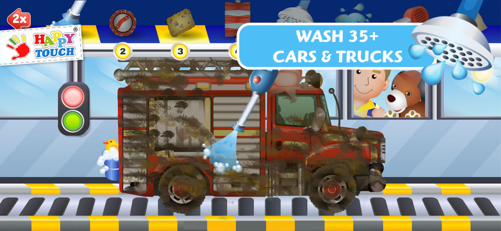 Car-Wash by Happytouch® - 子供向けHappytouch洗車ゲームで、水鉄砲で洗われている汚れた赤い消防車。