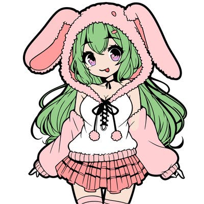 pretty anime girl wearing a fluffy hoodie with bunny ears on the hood and a skirt