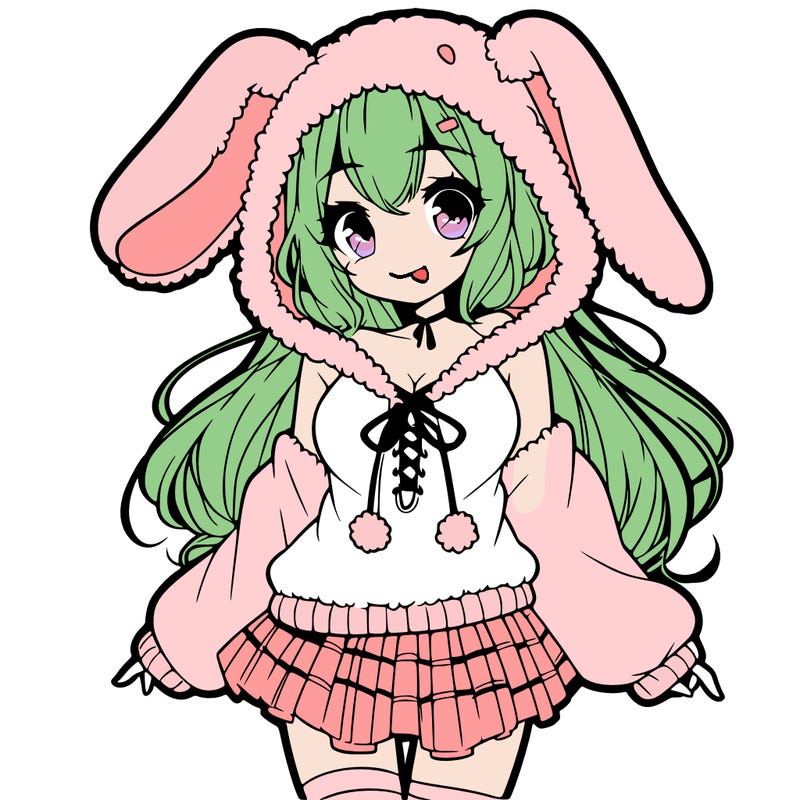 pretty anime girl wearing a fluffy hoodie with bunny ears on the hood and a skirt