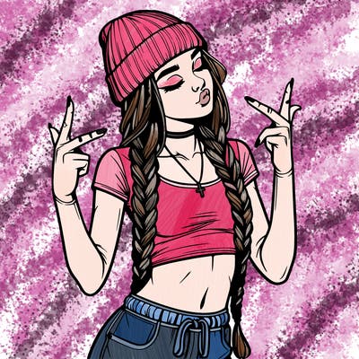 realistic teenage girl with braids and a beanie and crop top doing 🫶🏼