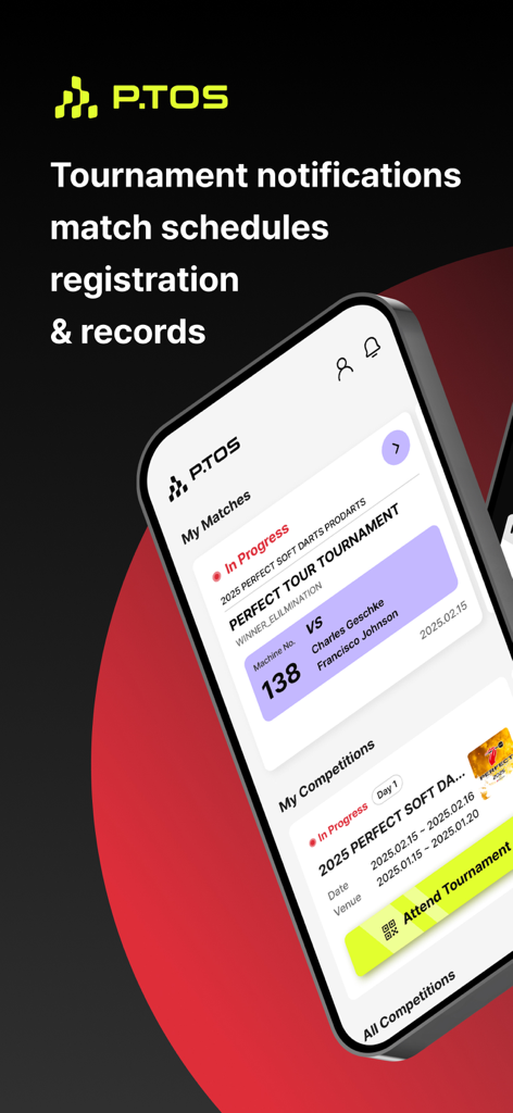 P.TOS - Interfaz de la aplicación móvil P.TOS que muestra los horarios de las partidas de dardos y el registro de competiciones