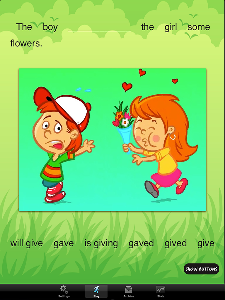 TenseBuilder - A grammar lesson in the TenseBuilder app featuring a cartoon of a girl giving flowers and verb tense choices.