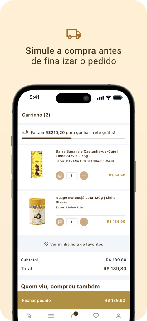 Haoma - Chocolate de Origem - Warenkorb-Ansicht in der Haoma App, die verschiedene Premium-Schokoladenartikel und eine Schaltfläche zum Bezahlen anzeigt