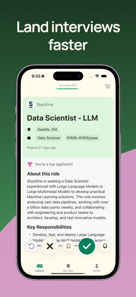 Poozle - AI Job Search - Poozle mobile app screen showing a Data Scientist job description with a top applicant badge and swipe controls