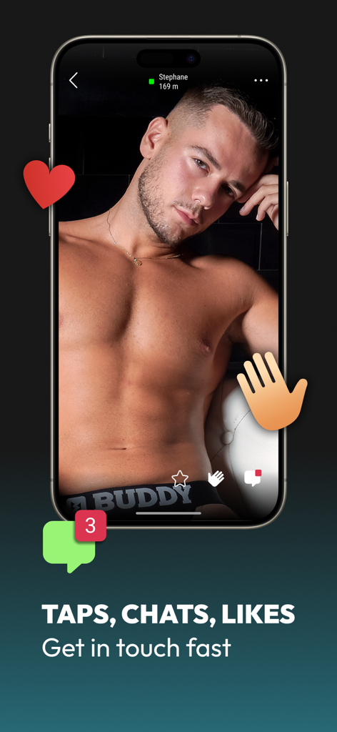Ein Screenshot einer mobilen App der B.Buddy schwulen Dating-App mit Optionen für Taps Chats und Likes