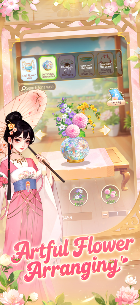 My Garden Tale - Uma personagem feminina em um vestido rosa posando ao lado de um arranjo floral personalizado em um vaso decorativo.