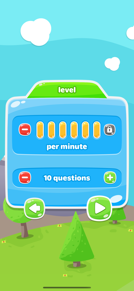 Clockwise - Read the clock - Clockwise教育アプリのレベル選択とカスタマイズ画面。難易度と質問数のオプションが表示されます。