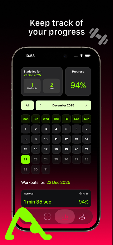 Interval Timer: Workout HIIT - Workout progress dashboard with a monthly calendar and training statistics