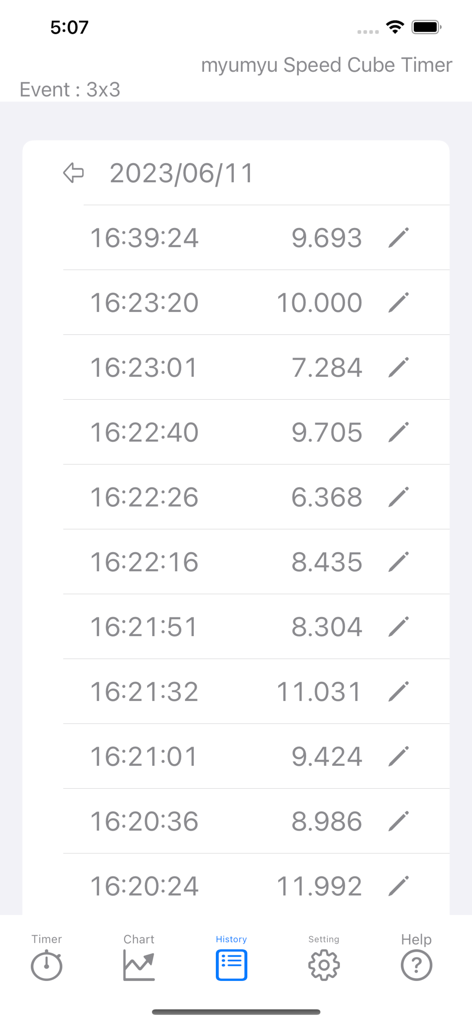 SpeedCubeTimer - myumyuTimer - - Solve history screen of the myumyu Speed Cube Timer app displaying 3x3 Rubik's Cube records