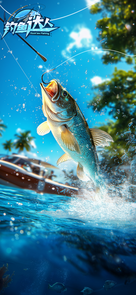 Realistic 3D fish leaping from water in Hook em Fishing mobile game
