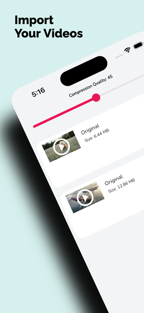 Mobile app interface showing imported videos and a compression quality slider for shrinking file sizes.