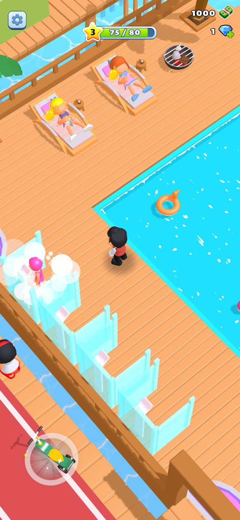 My Beach Resort! - Un personaje supervisando el área de la piscina de un resort de playa de lujo con huéspedes en tumbonas y una reluciente piscina azul.