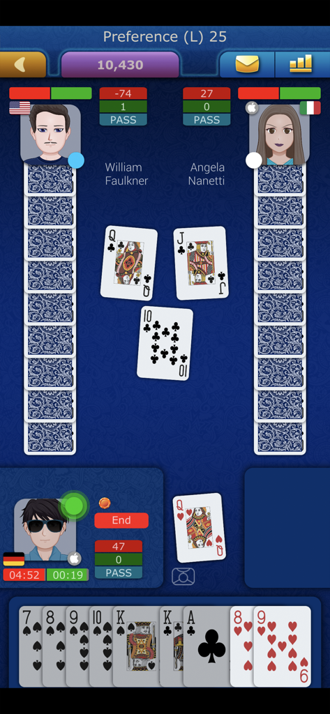 Online Preference LiveGames card game gameplay interface showing a match between three real players