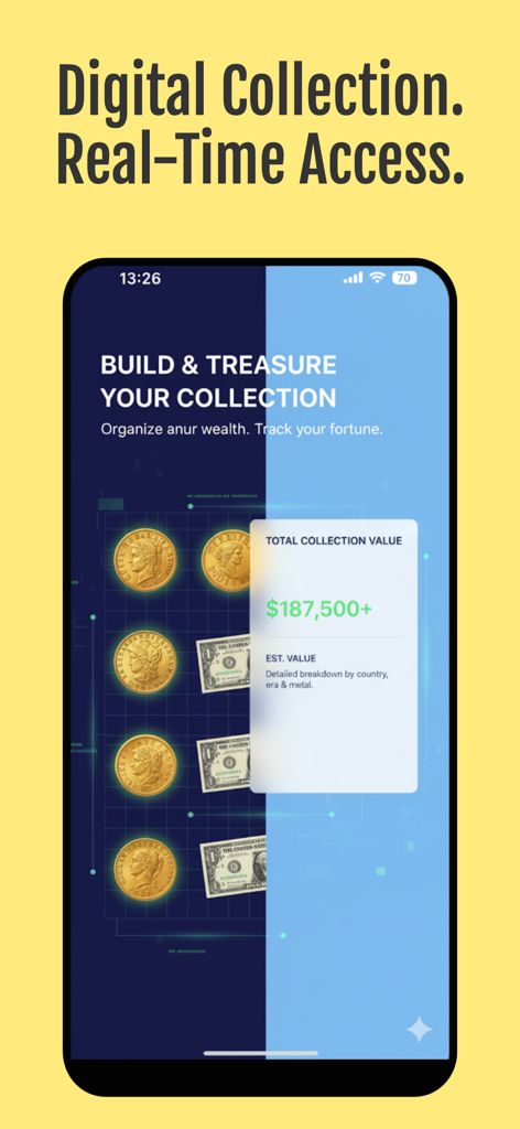 CoinSnap: Coin Value Identify - A mobile screen showing a digital coin and currency collection with a total estimated value of over one hundred eighty seven thousand dollars