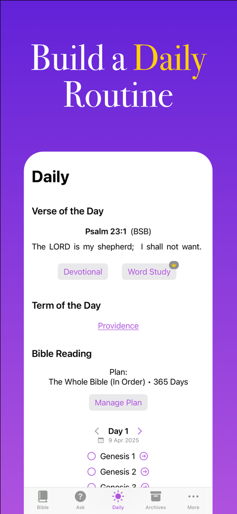 Bible Ace: AI Bible Study - Interfaz de la aplicación Bible Ace que muestra la pantalla Rutina Diaria con un versículo del día y un plan de lectura de la Biblia.