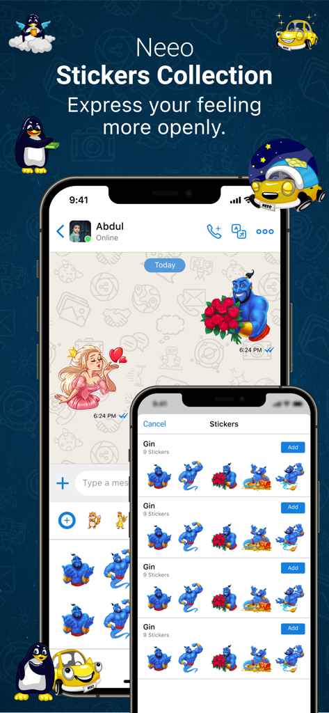 Neeo Messenger with Translator - Neeo Messenger stickers collection interface showcasing expressive genie and princess characters in a chat window