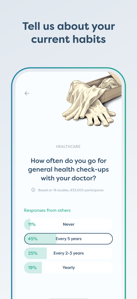Death Clock: AI Health - 다른 사용자의 통계적 응답과 함께 의료 검진 빈도에 대해 묻는 데스 클락 앱의 설문 조사 질문