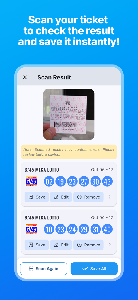 Daily PCSO Lotto Results - Schermata dell'app che mostra un biglietto della lotteria PCSO scansionato con numeri corrispondenti e risultati.