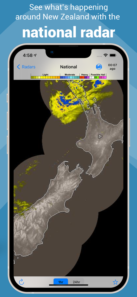Rain Radar New Zealand app showing the national weather radar map on a smartphone