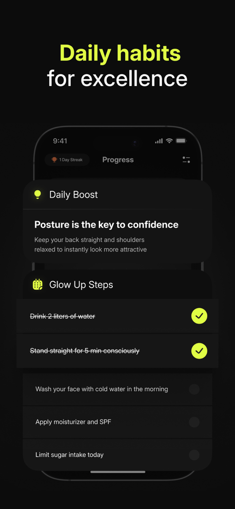 Alpha Aura: Looksmax & Umax AI - Alpha Aura app interface displaying a glow up checklist with daily habits like drinking water and posture tips for self improvement