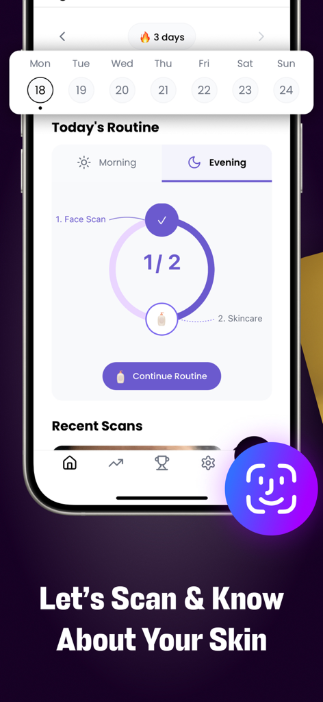 SkinPal AI: Skin Care Scanner - SkinPal AI app interface showing a daily skincare routine tracker with morning and evening progress