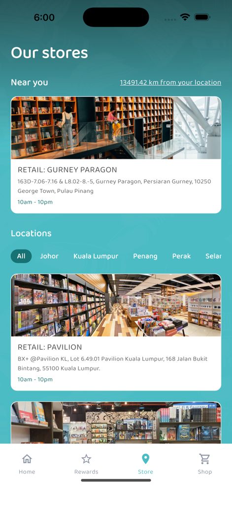 BookXcess - Mobile interface of the BookXcess loyalty app store locator page listing retail bookstore locations