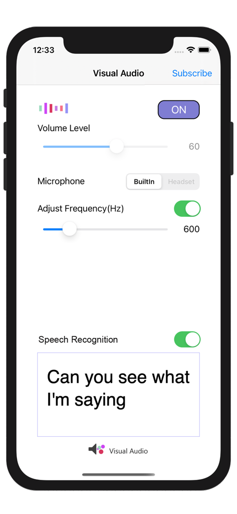VisualAudio Hearing Aid - Interface of the VisualAudio app showing volume and frequency controls with real-time speech to text