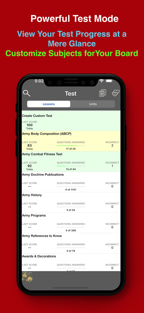 Army study guide app interface showing test progress scores and subject list for board preparation